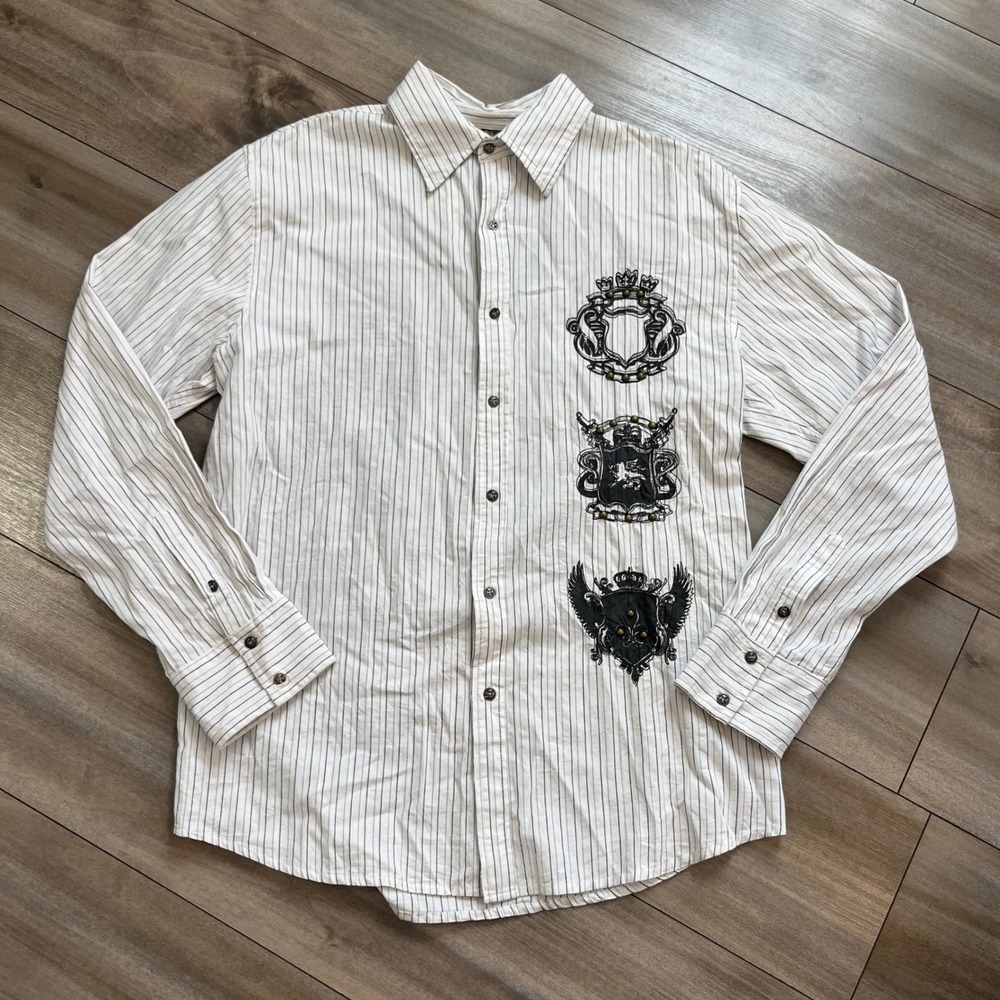 Roar Mens XL Button Down Shirt White Pinstripe Crest Graphic NWT Bin O-35